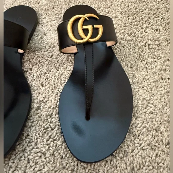 Black Gucci Flat Marmont Leather Thong Sandals Size 37 - Picture 5 of 13